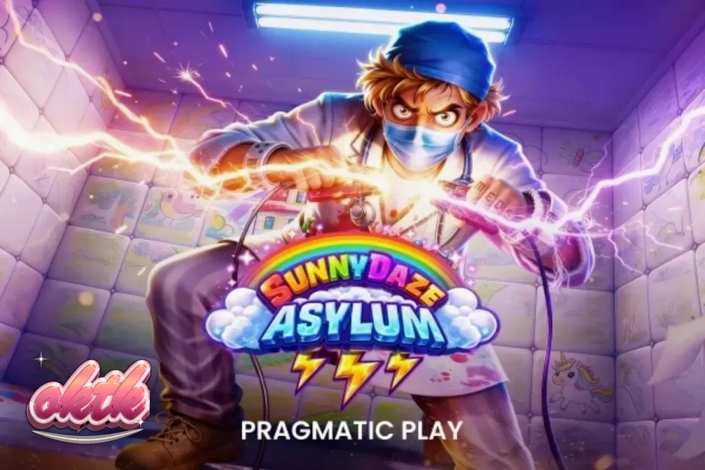 Sunnydaze Asylum স্লট গেমের রঙিন নিয়ন ইন্টারফেস এবং পাগলাগারদ থিম